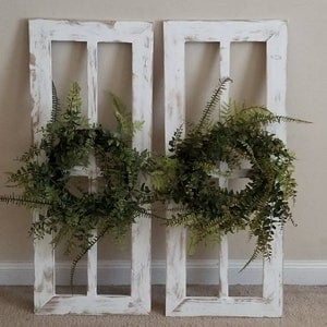 Set of Two Farmhouse Wooden Frames with Wreath, Antique Window Frame, Farmhouse Wall Decor, Rustic Wall Decor