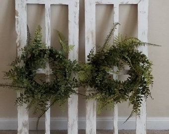 Set of Two Farmhouse Wooden Frames with Wreath, Antique Window Frame, Farmhouse Wall Decor