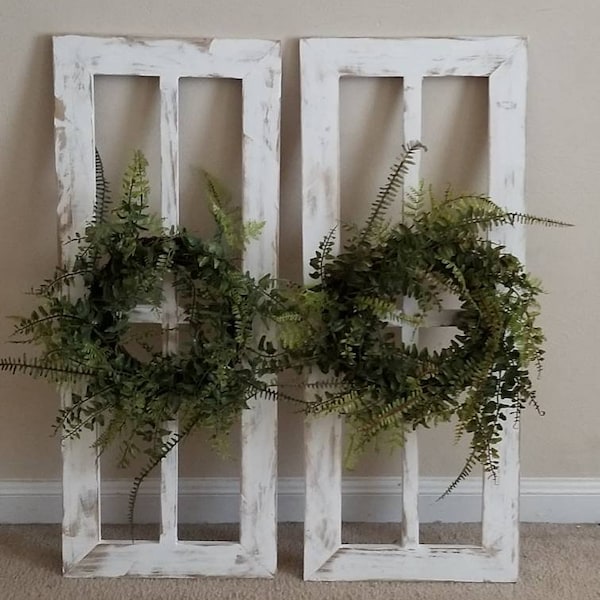 Set of Two Reclaimed Wood Window Frames with Wreath, Farmhouse Wall Decor, Rustic Wall Decor