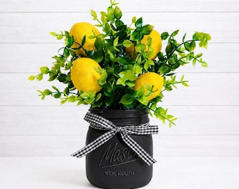Lemon Mason Jar Centerpiece 10” Tall | Farmhouse Lemon Decor | Summer Table Decor | Rustic Kitchen Decor | Lemon Arrangement | Housewarming