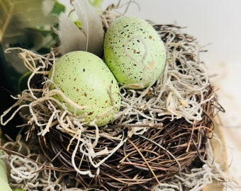 Teal Eggs in a Glitter 3 Bird Nest Ornament. Find a Bird Nest in