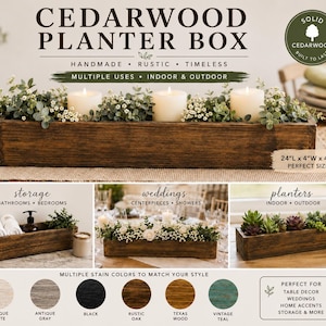 May include: A handmade, rustic cedarwood planter box, 24" long, 4" wide, and 4" high, with a dark wood stain. The box is filled with greenery and candles. The image also shows examples of the planter's multiple uses, including storage and table decor.