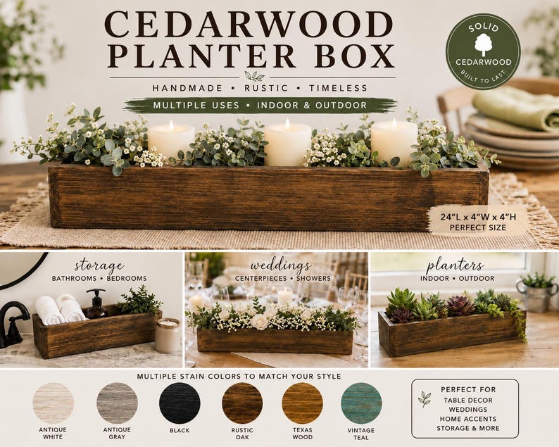 May include: A handmade, rustic cedarwood planter box, 24" long, 4" wide, and 4" high, with a dark wood stain. The box is filled with greenery and candles. The image also shows examples of the planter's multiple uses, including storage and table decor.