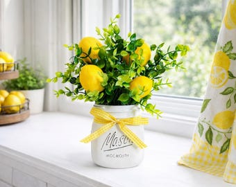 Lemon Farmhouse Mason Jar Decor | Lemon Kitchen Windowsill Decor | Rustic Lemon Centerpiece | Spring Summer Farmhouse Accent