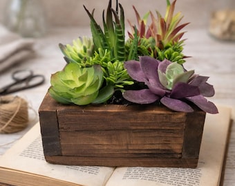 Rustic Succulent Centerpiece in Wooden Planter | Farmhouse Table Decor | Faux Succulent Arrangement | Housewarming Gift