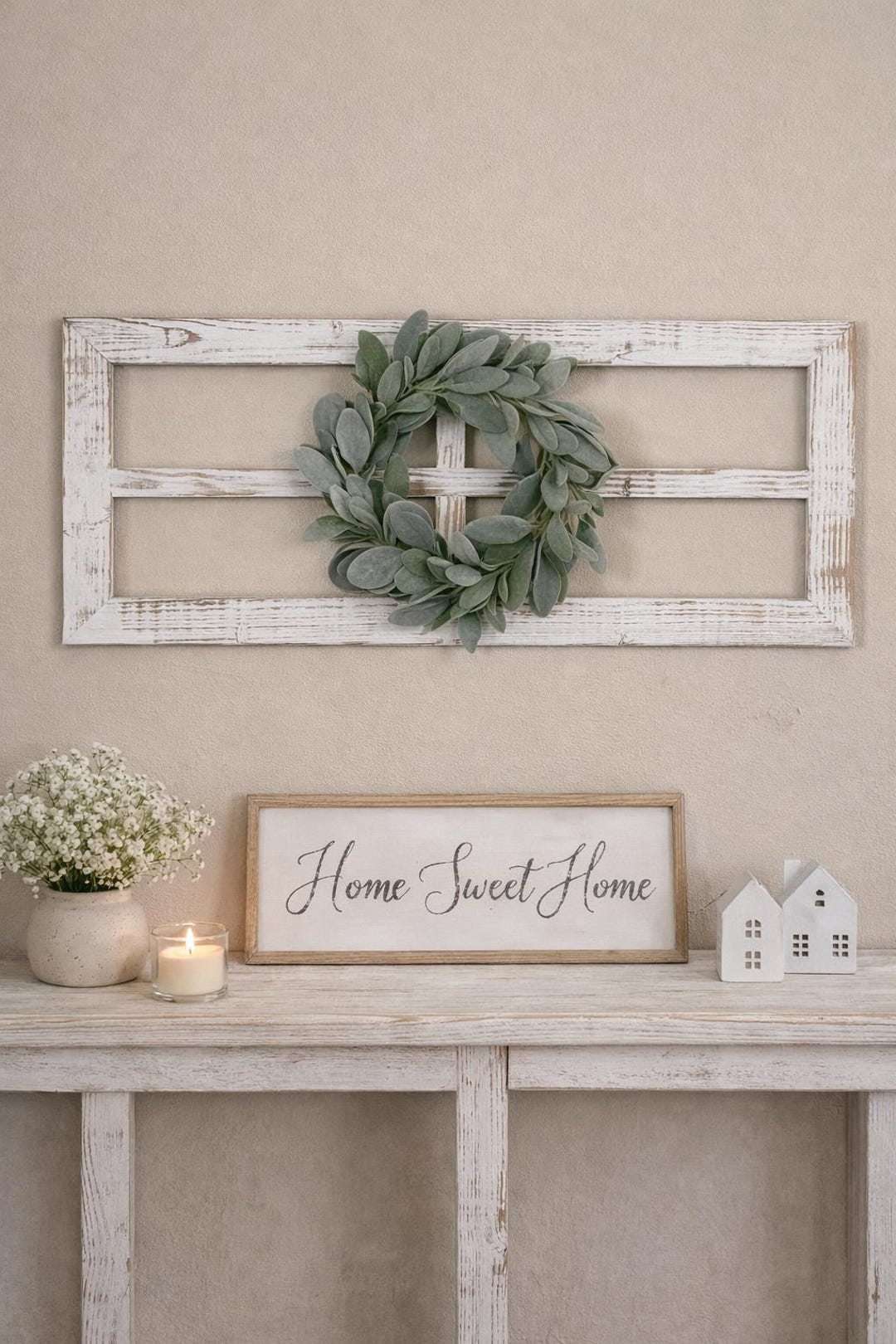 Farmhouse Window Frame Wall Decor With Greenery Wreath | Rustic Wall ...