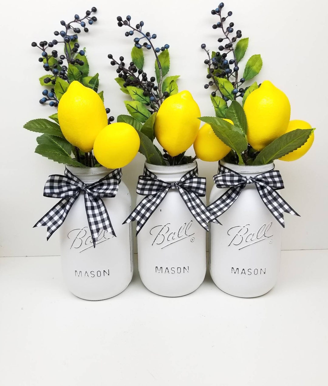 Lemon Centerpiece, Lemon Mason Jar, Lemons and Blueberries, Lemon Kitchen, Buffalo Plaid Decor