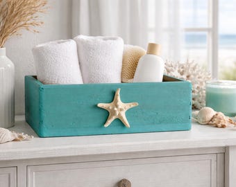 12 Inch Coastal Bathroom Storage Box with Starfish | Beach Farmhouse Organizer | Nautical Bathroom Decor | Coastal Home Accent