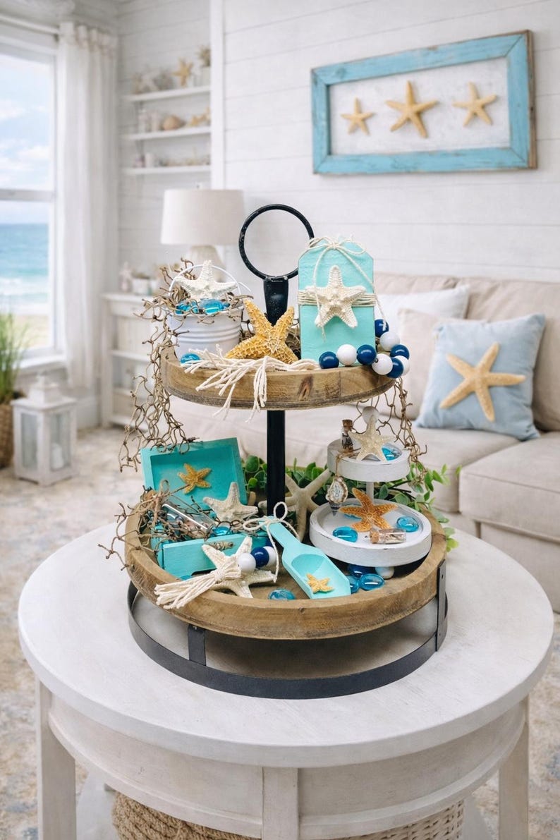 Coastal Tiered Tray Decor Set | Beach Farmhouse Starfish Decor ...