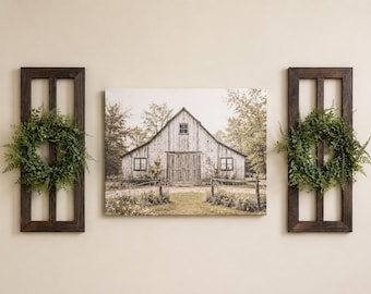 Set of Two Wood Window Frames with Wreath, Cottagecore Wall Decor, Rustic Wall Decor, Farmhouse Wall Decor