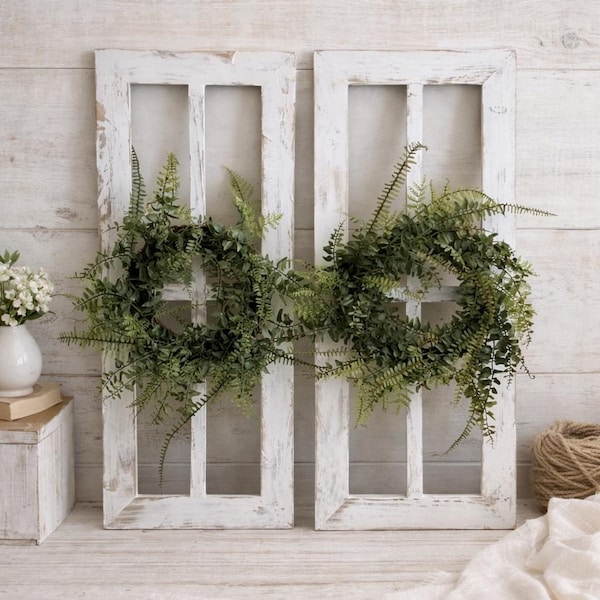 Set of Two Rustic Window Frames | Wall Decor with Greenery Wreaths | Farmhouse Home Decor | Rustic Home Decor