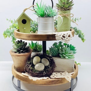 May include: A two-tiered decorative tray with a rustic aesthetic. The top tier holds a green birdhouse, a white pitcher with greenery, and a green mason jar with a succulent. The bottom tier features a terracotta pot, a nest with eggs, and a white wooden box with succulents.