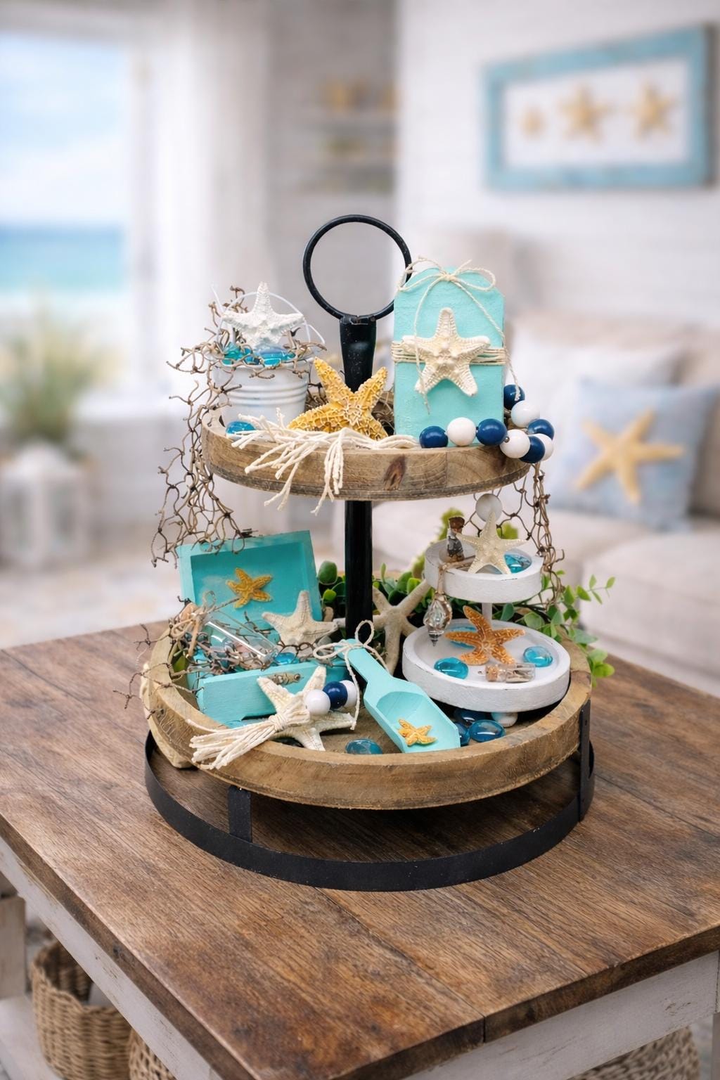 Coastal Tiered Tray Decor Set | Beach Farmhouse Starfish Decor ...