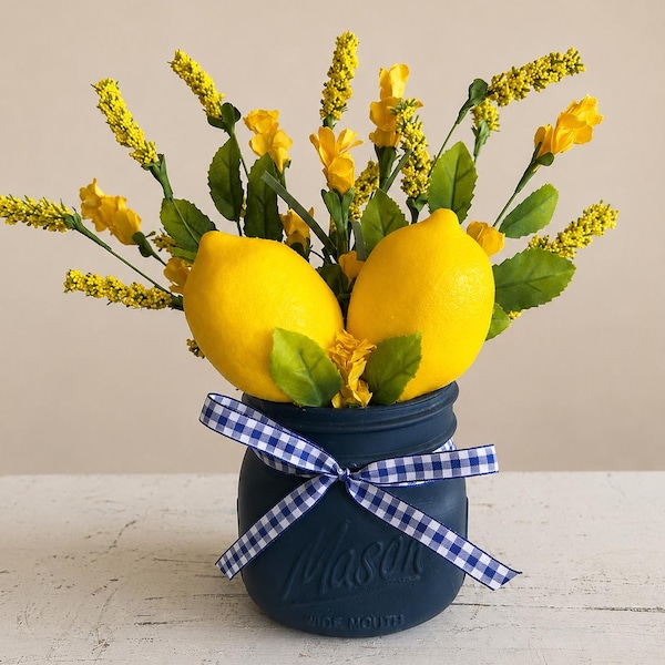 Navy Blue Mason Jar Lemon Centerpiece, Farmhouse Kitchen Decor