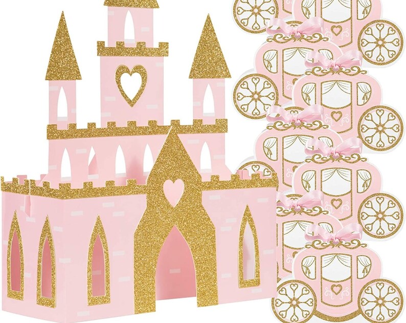 Pink Gold Princess Party Bundle Carriage Favor Treat Boxes Castle Decor Centerpiece
