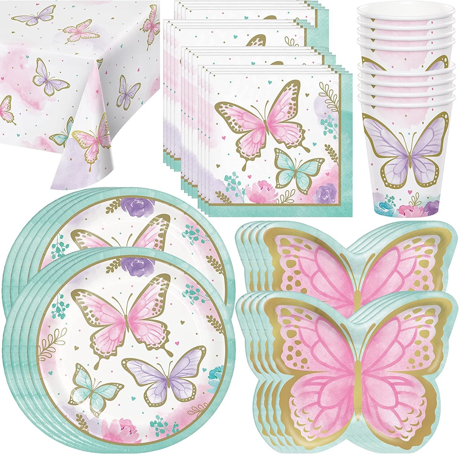 Butterfly Shimmer Dinnerware Table Cover Dinner Plates Butterfly Shape Plates Napkins Cups Girl Birthday Parties Showers Teas