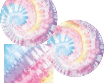 Tie Dye Birthday Pink Girls Party Bundle: Plates, Napkins,  Pastel Pink Tie Dye Colors for 16 guests