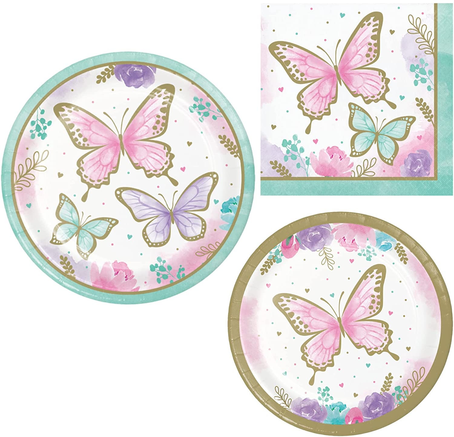 Butterfly Shimmer Party Pack for 16 People Butterfly Themed Paper Dinner and Dessert Plates and Napkins