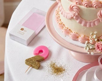 Two  Candle , Birthday Candle  Milestone The top half is solid light  pink, and the bottom half is covered in gold glitter