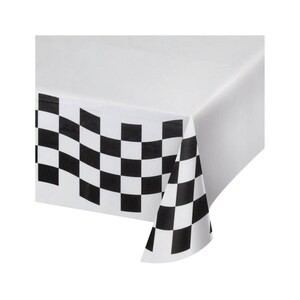 May include: White plastic tablecloth with a black and white checkered border. The border is a checkered pattern that resembles a race flag.