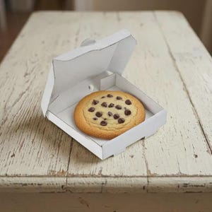 May include: A single round chocolate chip cookie with visible dark brown chocolate morsels baked into the golden-brown dough, presented inside an open, plain white square cardboard box with a hinged lid and a small circular cutout.