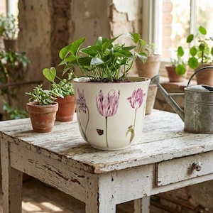 May include: A cream-colored ceramic planter featuring a painted pattern of purple and white tulips with green stems and leaves. The planter contains a green leafy plant and sits on a weathered white wooden table next to a metal watering can.