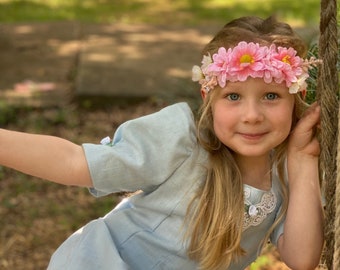 Pink Daisies Stretchy White Lace Headband, Floral Headband, Flower Girl Headband, Easter Headband, Special Occasional Headband