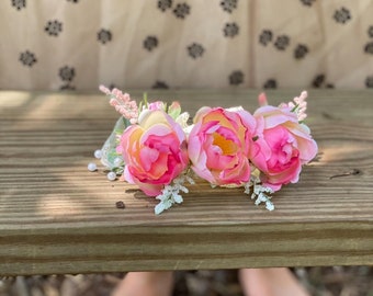 Pink Rose Stretchy Lace Headband, Flower Girl Headband, Easter Headband, Dressy Headband