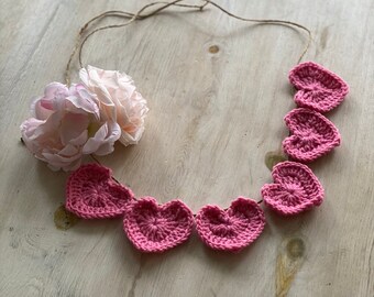 Pink Heart Garland/Banner, Crocheted Heart Garland,Bridal Shower Decor, Farmhouse Decor, Baby Shower Decor, Kid’s Room Decor