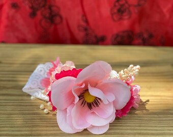 Pink Floral Stretchy Lace Headband, Flower Girl Headband, Easter Headband, Special Occasion Headband, Hair Decor