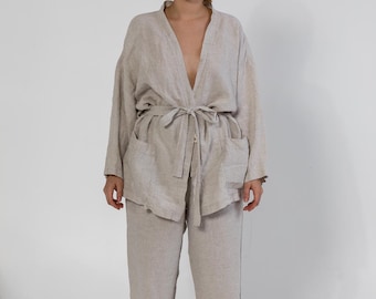 Linen Pajama Set: Wrap Shirt & Pants with Belt