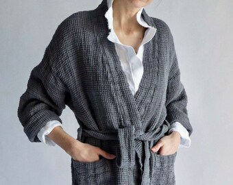 LINEN waffle robe WRAP, linen wrap dress , Japanese inspired kimono Robe.