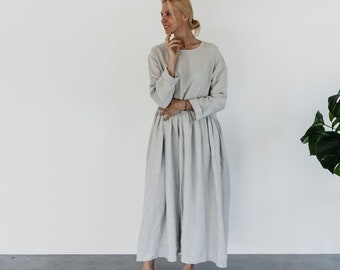 Long loose linen dress KATE / Long sleeves / Washed and soft linen dress