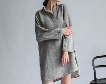 Oversized Linen Tunic Dress, Taupe Shirt, Relaxed Fit