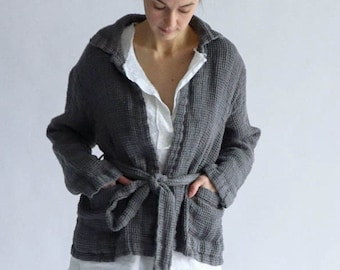 LINEN Waffeljacke SOFT Leinen Wickelhemd, japanisch inspirierte Kimonojacke.