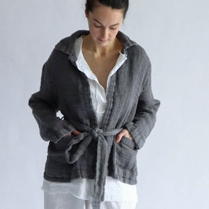 LINEN waffle jacket  SOFT  linen wrap shirt, Japanese inspired kimono jacket .