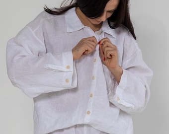 Linen Pajama Set: Relaxed Shirt and Shorts, Elastic Waist