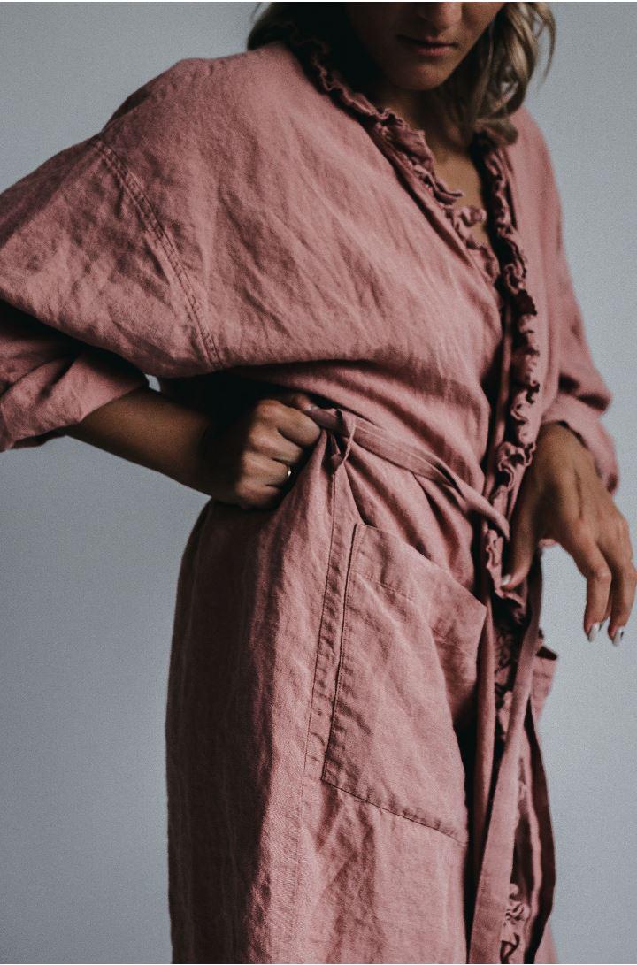 Linen Wrap Dress ISABELLE, Ruffle Midi Robe
