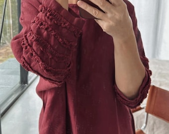 Relaxed Fit Linen Tunic Dress, 3/4 Sleeve, Ruffle Detail