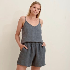 Linen pajama set GREY. Linen slip top and linen shorts. image 8