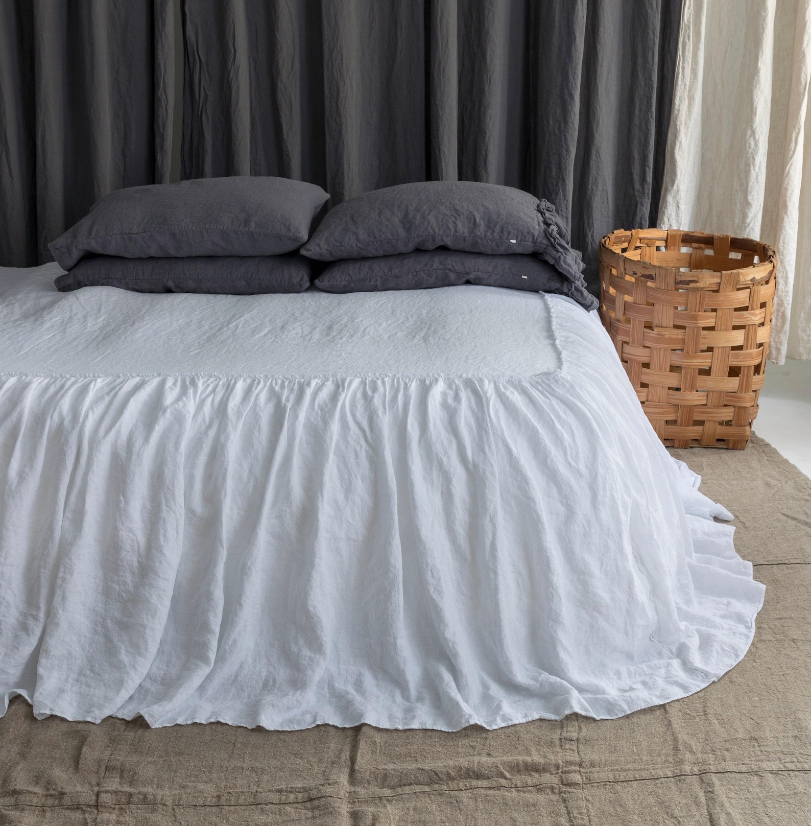 Linen Coverlet With Dust Ruffle – Softened, Ruffled Bedspread With ...