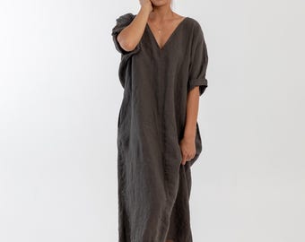 Oversized Linen Midi Dress, Relaxed Fit, Organic French Linen