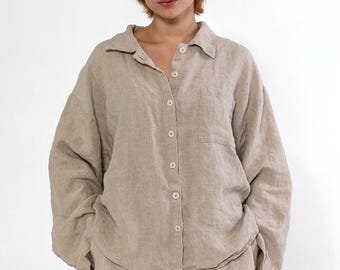 Natural Linen Pajama Set: Relaxed Shirt and Shorts