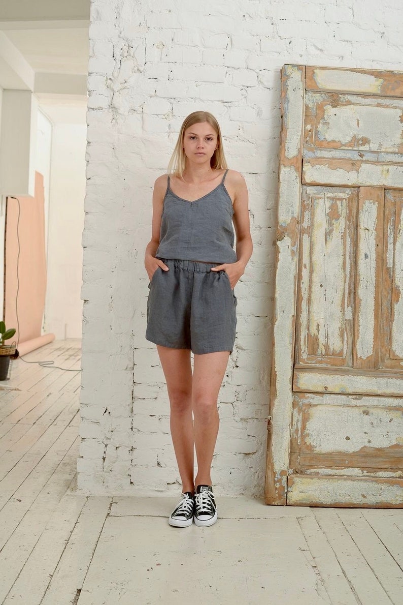 Linen pajama set GREY. Linen slip top and linen shorts. image 6