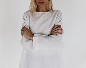 Linen tunic OLSEN. Oversized loose fitting shirt with long sleeves.  Washed and soft linen top.