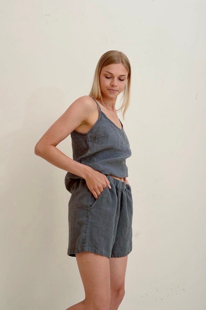 Linen pajama set GREY. Linen slip top and linen shorts. image 5