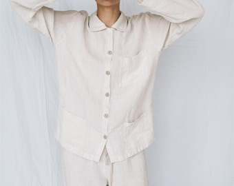 Linen Pajama Set: Button Shirt & Pants, Relaxed Fit