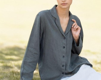 Oversized Linen Shirt, Classic Button-Down, Soft French Linen