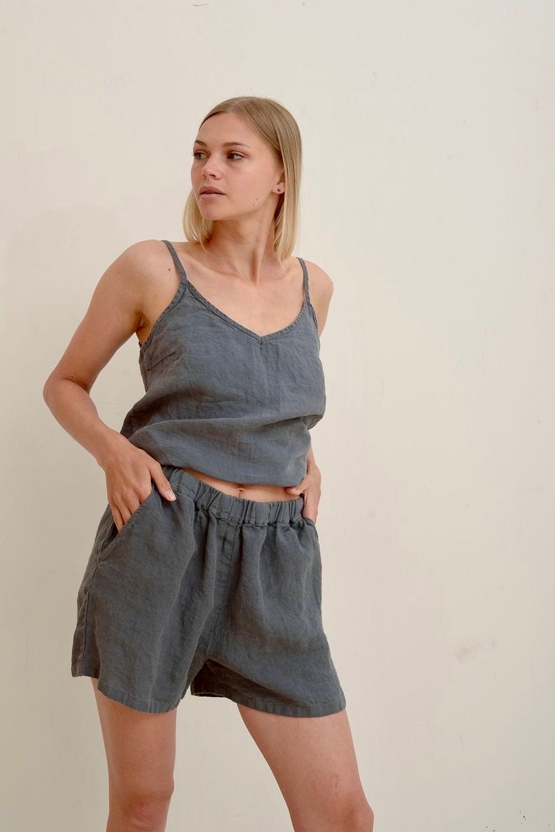 Linen pajama set GREY. Linen slip top and linen shorts. image 2