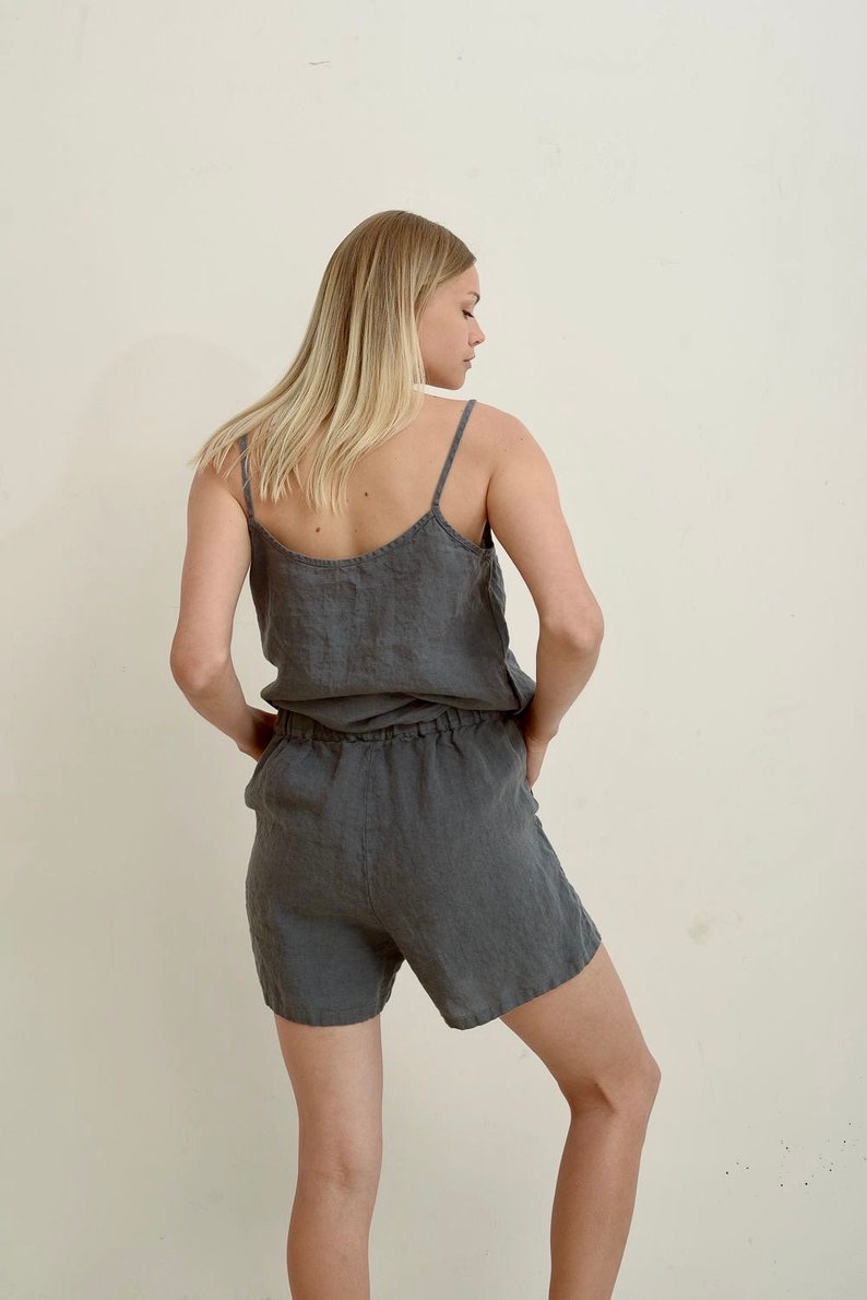 Linen pajama set GREY. Linen slip top and linen shorts. image 9